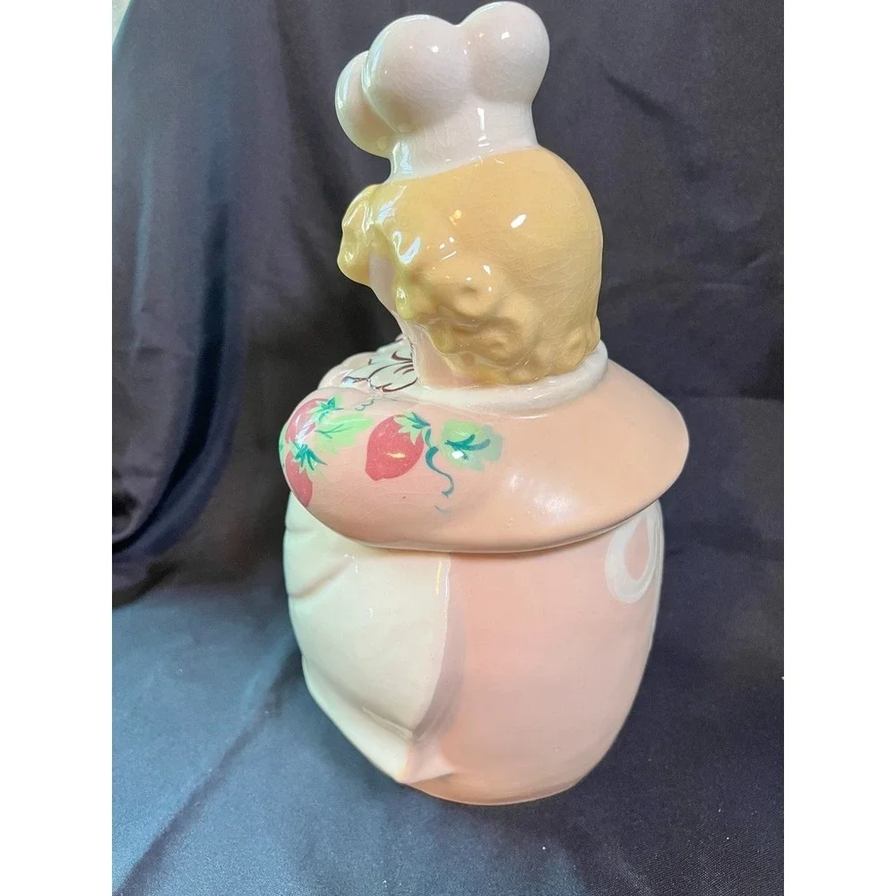 Vintage American Bisque Strawberry Girl Cookie Jar Pink Dress Hand Painted 1940s
